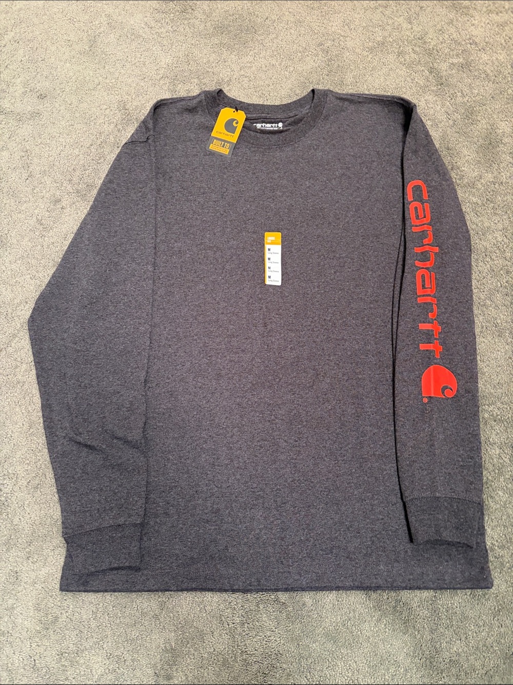 Carhartt Long-Sleeve Logo Tee in Heather Charcoal with Red Sleeve Print